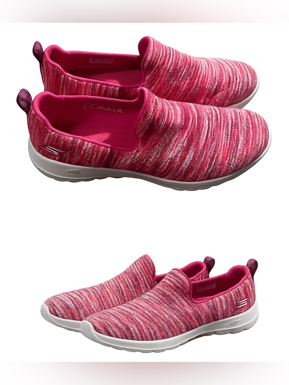 Skechers GOwalk Joy slip-on sneakers in a pink and white knit pattern size 9